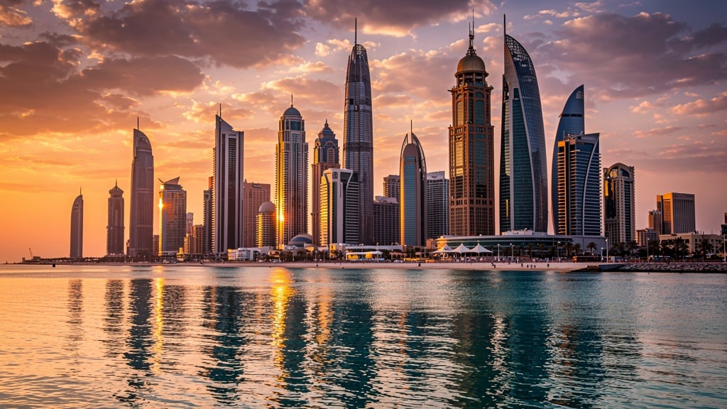 Panoramic view of Doha Qatar skyline at golden hour with West Bay skyscrapers reflected on the Corniche waterfront