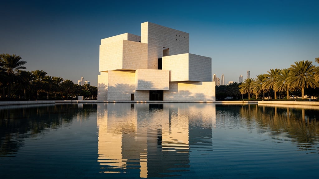 The Museum of Islamic Art in Doha Qatar, a stunning geometric building designed by I.M. Pei surrounded by water and palm trees