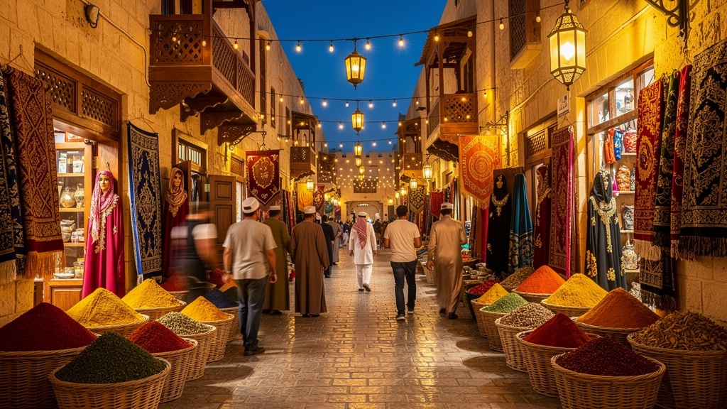 Traditional Souq Waqif marketplace in Doha Qatar at dusk with warm lantern lighting and colorful market stalls